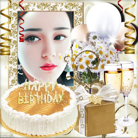 Ghép ảnh vào khung ảnh trang trí nghệ thuật bánh và hai ly rượu để chúc mừng sinh nhật