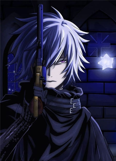 Hình nền điện thoại anime nam khoắc trên mình chiếc áo choàng đen và tay cầm khẩu súng