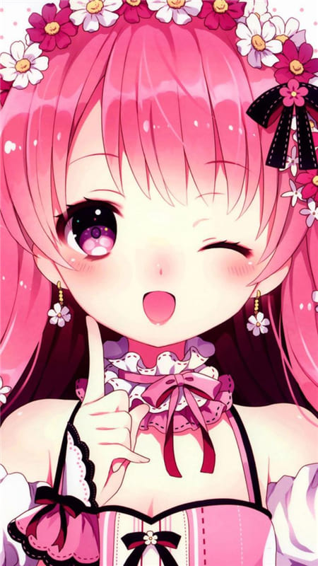 Hình nền điện thoại anime nữ tuyệt đẹp với bộ tóc cùng trang phục màu hồng
