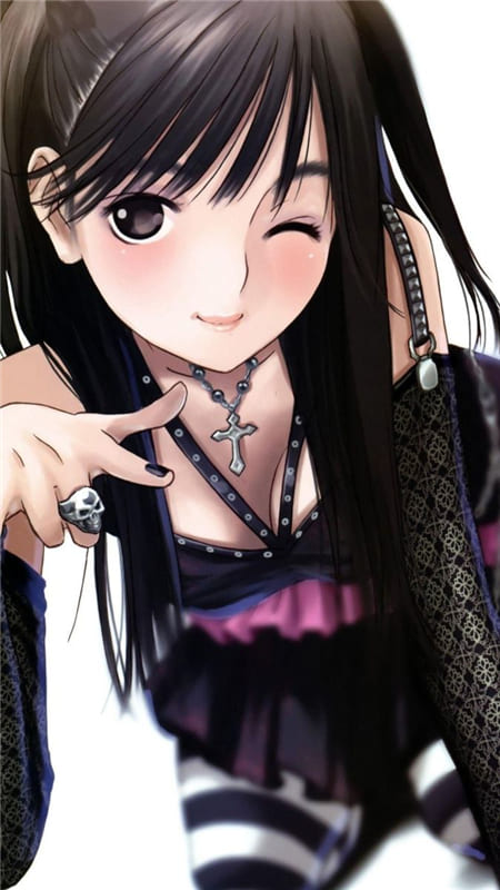 Hình nền điện thoại anime nữ với mái tóc đen làm dáng cực cute