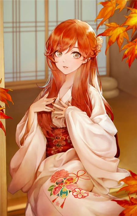 Hình ảnh anime nữ với bộ tóc đỏ và những chiếc lá đỏ đẹp