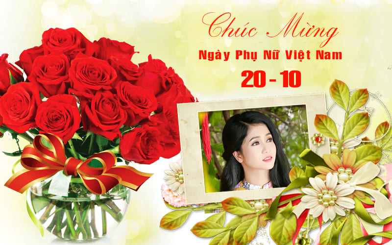 Tạo ảnh chúc mừng ngày phụ nữ Việt Nam 20/10 hạnh phúc bên những bó hoa tươi thắm