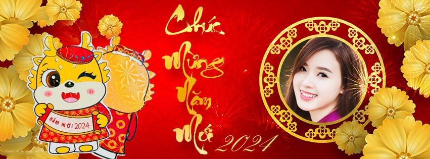 Tạo ảnh bìa facebook với hoa mai và linh vật hai chú rồng biểu tượng của năm chúc mừng năm mới 2024