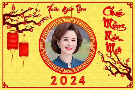 Tạo ảnh thiệp với nền vàng, hoa đào và đèn lồng chúc mừng năm mới 2024