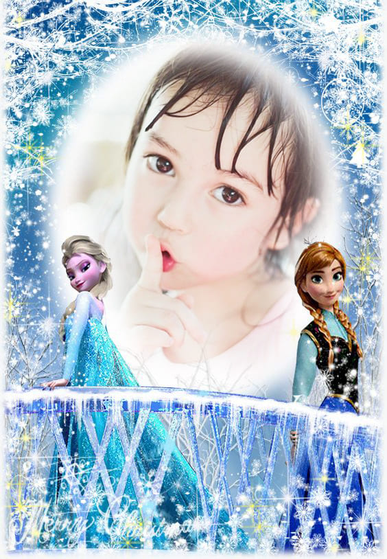 Khung ảnh tuyết rơi và các cô công chúa xinh đẹp chúc mừng giáng sinh
