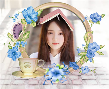 Tạo ảnh đẹp với  khung ảnh chiếc cốc trà và hoa nghệ thuật cùng gái xinh