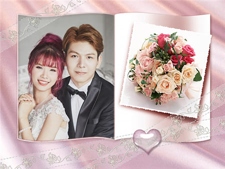 Tạo ảnh cưới online với trái tim và bó hoa trên nền hồng đẹp
