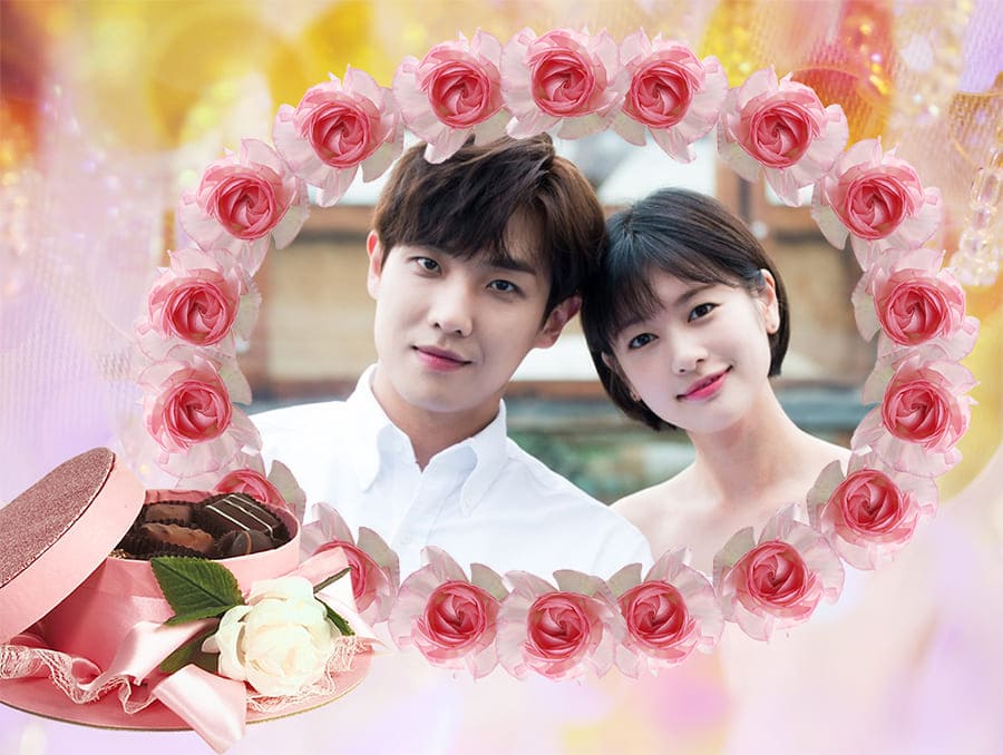 Ghép ảnh 2 người yêu nhay với hoa hồng và hộp bánh socola biểu tượng tình yêu