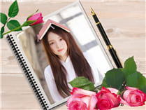 Ghép ảnh học sinh với khung ảnh hoa hồng, cuốn xổ và cây bút đẹp