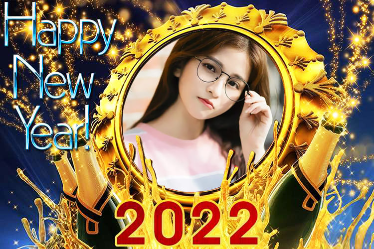 Ghép khung ảnh với hình vương miện cùng với những chai rượu chúc mừng năm mới 2022