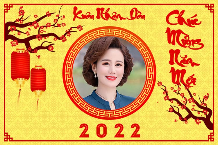 Ghép khung ảnh hoa đào và đèn lồng đỏ chúc mừng năm mới nhâm dần 2022