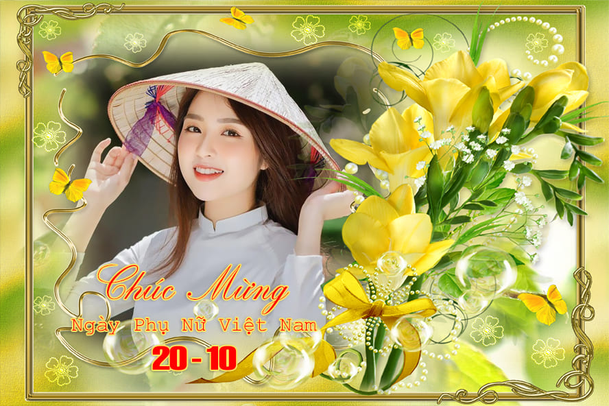 Ghép khung ảnh với hoa vàng rực rở kết hợp hiệu ứng đẹp chúc mừng ngày phụ nữ Việt Nam 20/10/2022