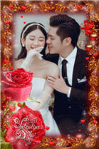 Khung ảnh kỷ niệm ngày lễ tình nhân với vị thần tình yêu và hoa hồng