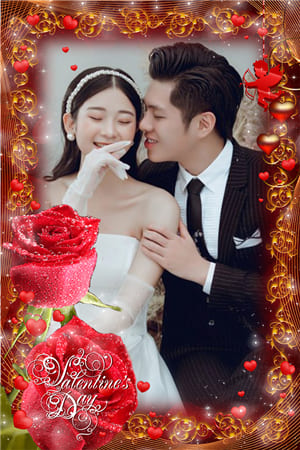 Khung ảnh kỷ niệm ngày lễ tình nhân với vị thần tình yêu và hoa hồng