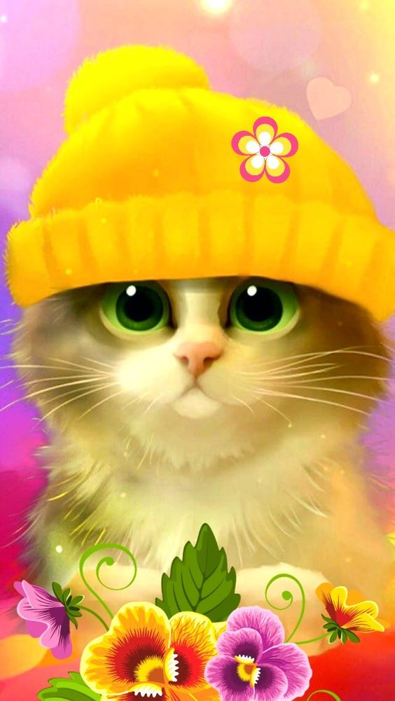 Hình nền điện thoại 3d với chú mèo cực kỳ dễ thương đội chiếc mũ len