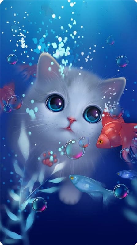Hình nền điện thoại 3d nghệ thuật về chú mèo dễ thương và những chú cá sinh động