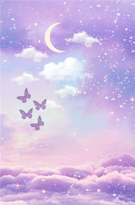 Khung cảnh bầu trời màu tím nghệ thuật với trăng và bướm làm hình nền điện thoại