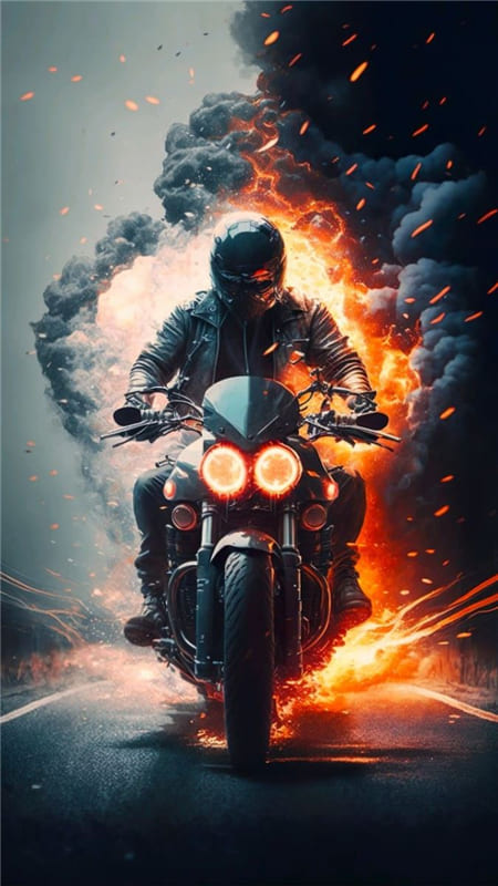 Hình ảnh siêu ngầu về người ngồi trê xe mô tô phóng qua lửa dang cháy dữ rội