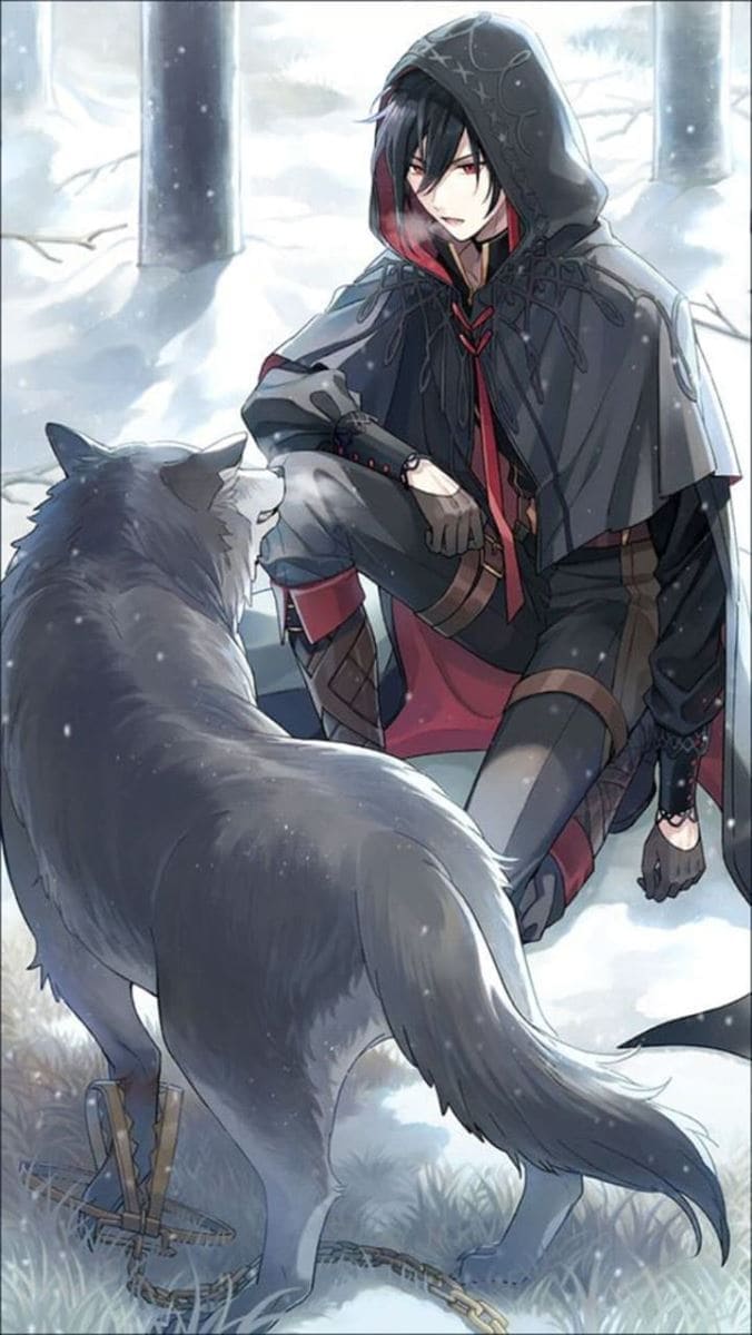 Hình nền điện thoại anime nam với bộ áo khoác đen đang giúp đỡ chú chó sói bị mắc bẫy