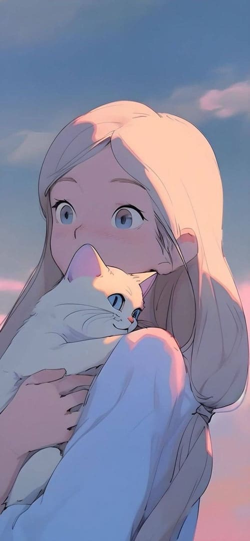 Hình nền điện thoại anime nữ bế chú mèo tráng rất dễ thương