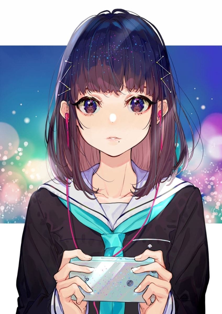 Hình nền điện thoại anime nữ đeo tai phone và chiếc điện thoại trên tay rất đáng yêu