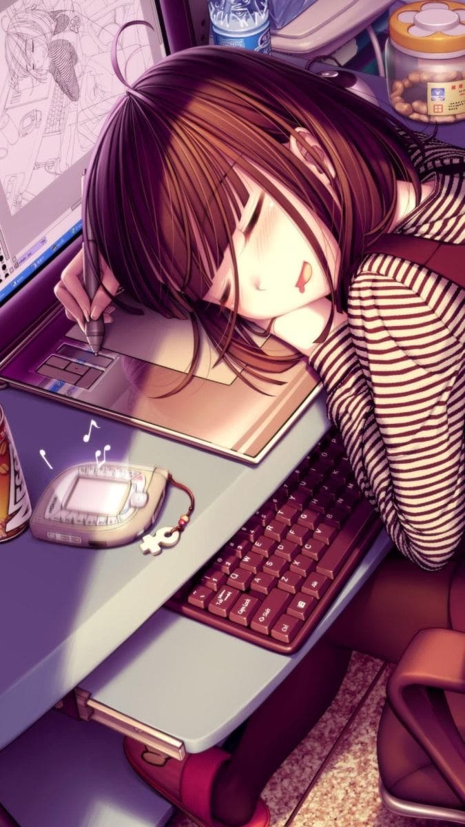 Hình ảnh anime nữ ngủ gật trên bàn máy tính rất dễ thương