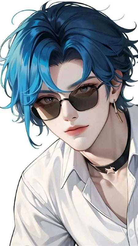 Hình ảnh anime nam đẹp trai với mái tóc xanh cùng cặp kính đen