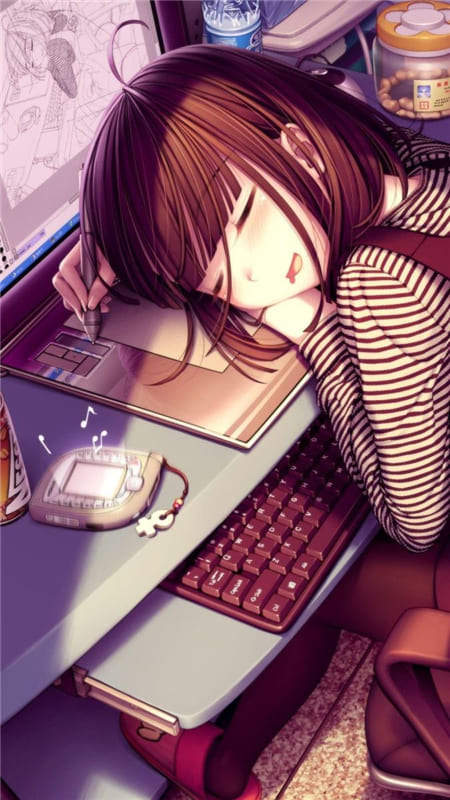 Hình ảnh anime nữ ngủ gật trên bàn máy tính rất dễ thương