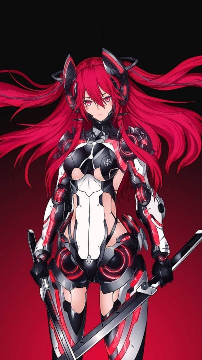 Hình nền điện thoại anime nữ cực ngầu với mái tóc màu đỏ và bộ áo giáp sắt