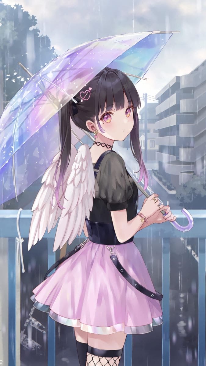 Hình nền anime nữ xinh đẹp với đôi cánh thiên thần và chiếc ô tre mưa