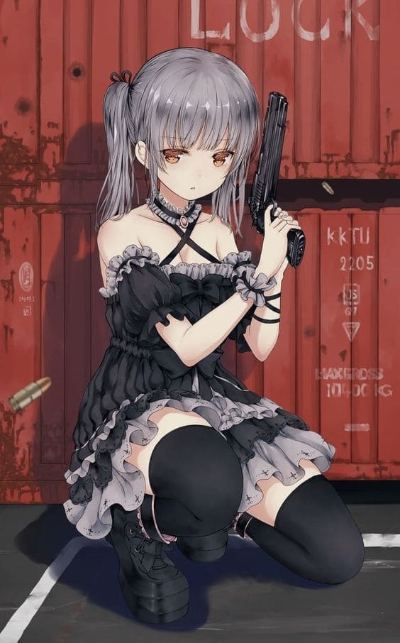 Hình ảnh anime nữ cute với bộ váy đen và cây súng ngắn trên tay