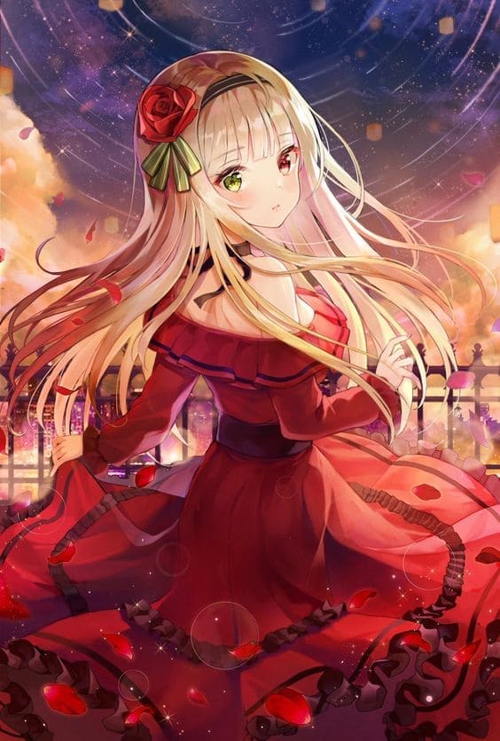 Hình ảnh anime nư đẹp như thiên thần với bộ váy màu đỏ làm hình nền điện thoại