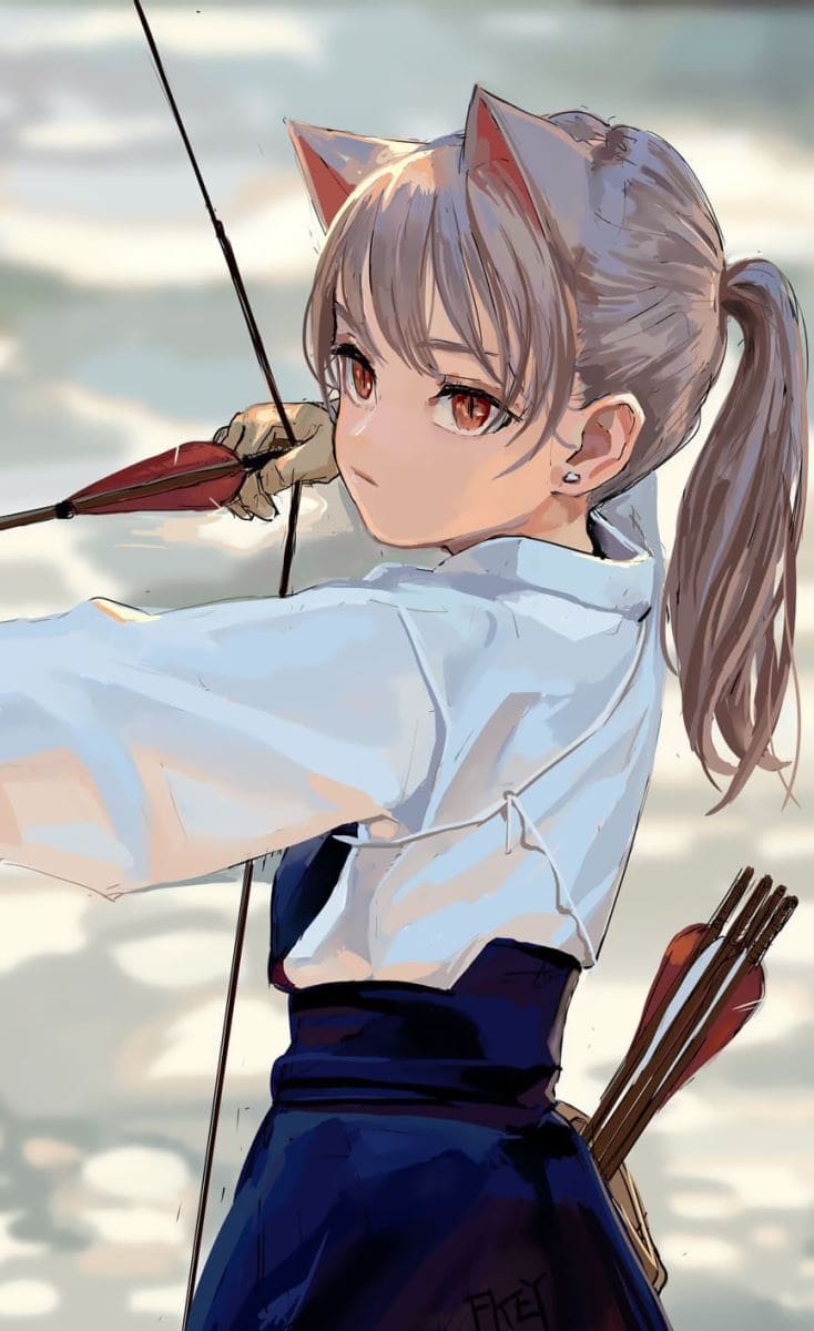 Hình nền điện thoại anime cô gái đang dương cung bắn rất cute
