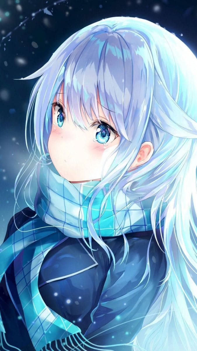 Hình nền điện thoại anime nữ với chiếc khăn quàng cổ màu xanh cực chất