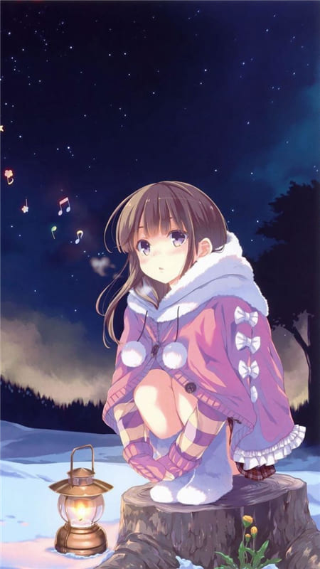 Hình ảnh anime cô gái ngồi chờ đợi với cây đèn hoa kỳ