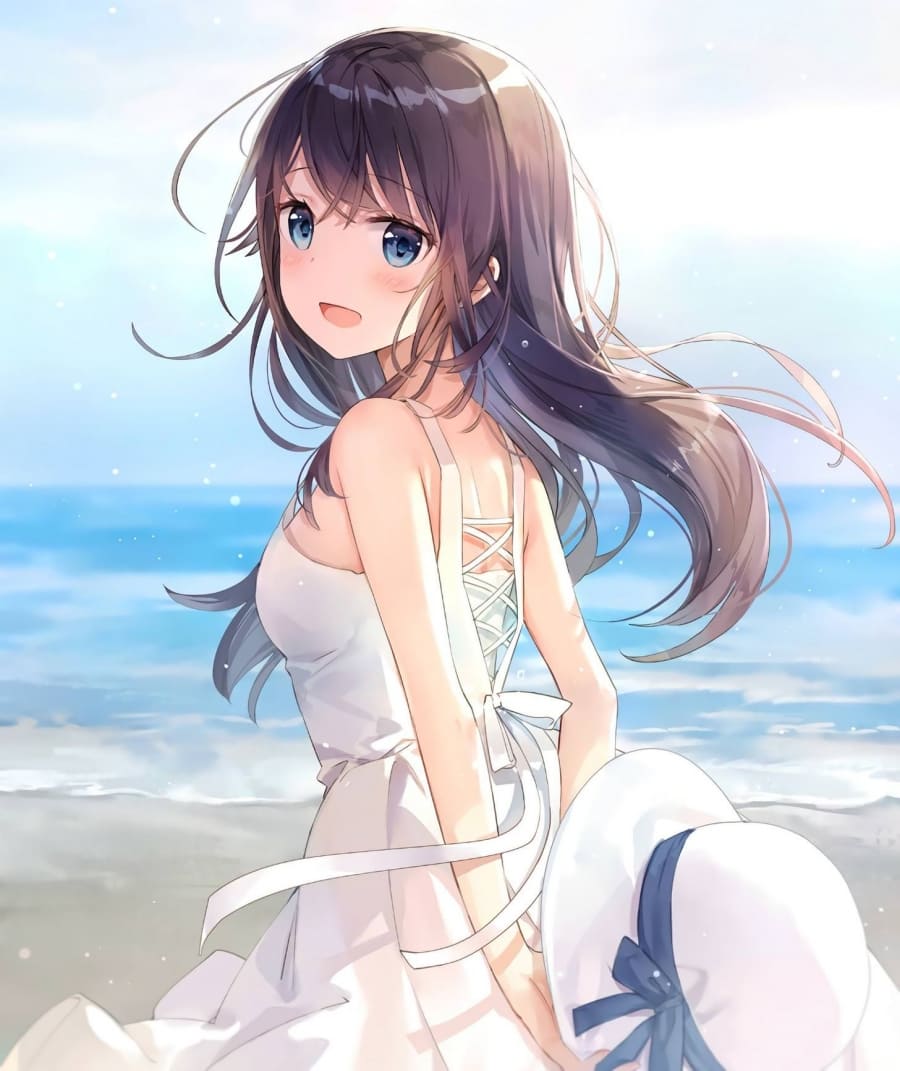 Hình ảnh anime nữ hấp dẫn với bộ váy đi biển và chiếc mũ đẹp