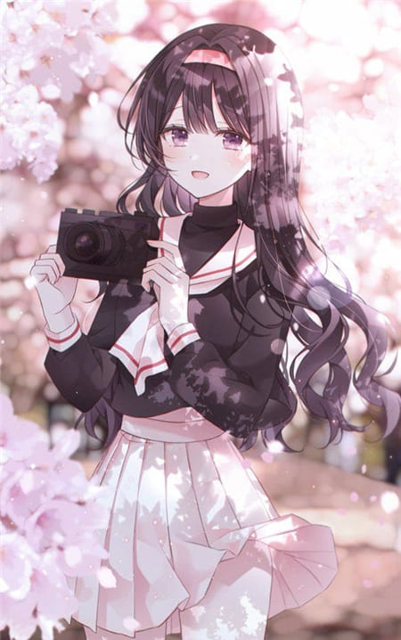 Hình ảnh anime nữ nhíp ảnh gia xinh đẹp lạc vào vườn hoa anh đào