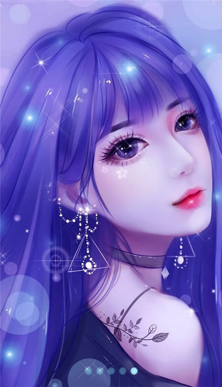 Hình ảnh cô gái xinh đẹp với mái tóc tím xanh và trang sức đẹp mắt