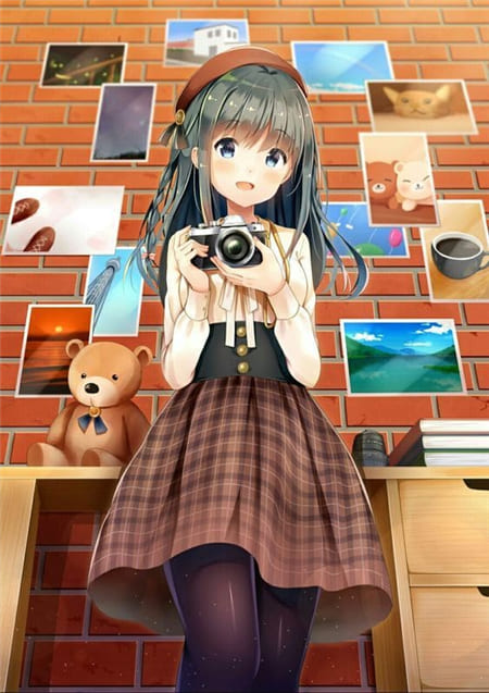 Hình ảnh anime cô gái nhíp ảnh gia xinh đẹp với cái máy ảnh trên tay