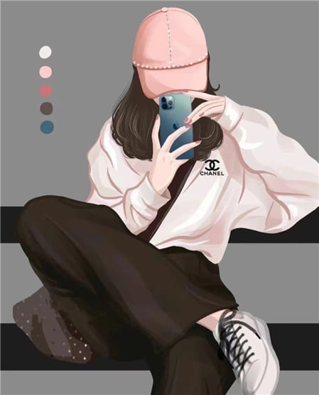 Hình ảnh anime nữ cute với trang phục chanel và chiếc iphone chụp ảnh tự sướng