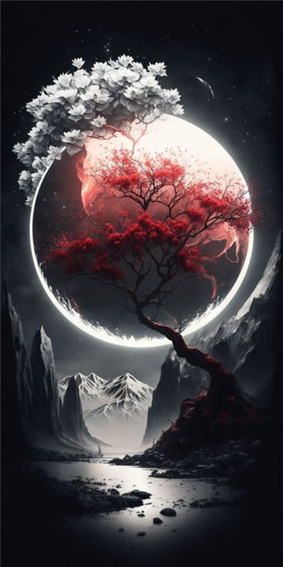 Bức tranh cây cổ thụ dưới ánh trăng đẹp như tiên cảnh làm hình nền điện thoại