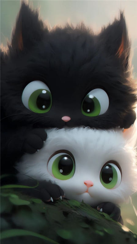 Hình ảnh 3D hai chú mèo đen và trắng cực đáng yêu