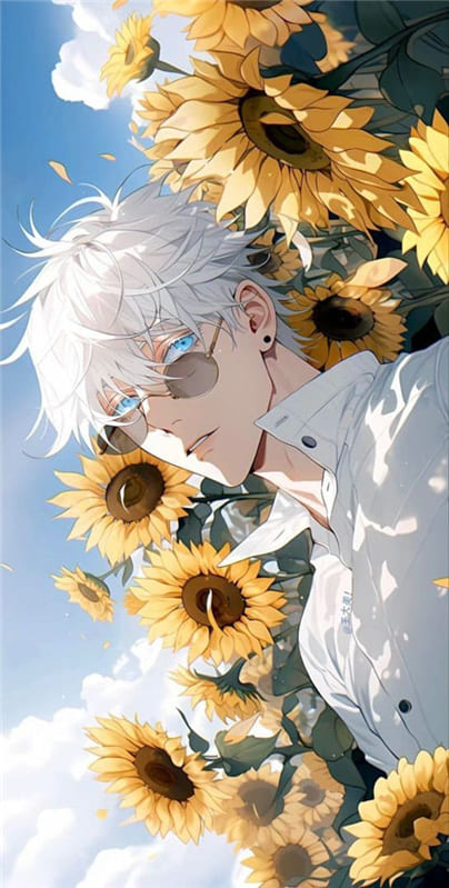 Hình ảnh anime  nam đẹp trai tạo dáng với vườn hoa hướng dương