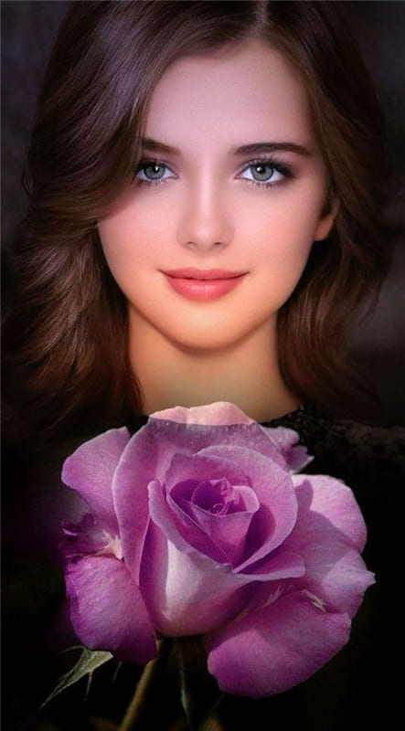Hình ảnh cô gái xinh đẹp với bông hồng tím trước ngực