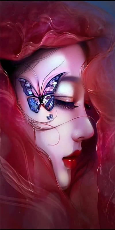 Hình ảnh cô gái có gương mặt đẹp khi ngủ và cánh bướm xinh tô điểm