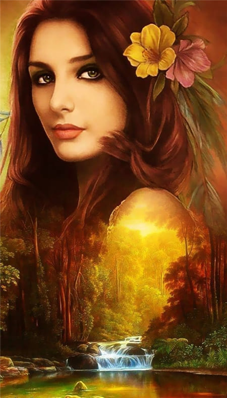 Hình ảnh lồng ghép cô gái với khung cảnh rừng cây và suối nước