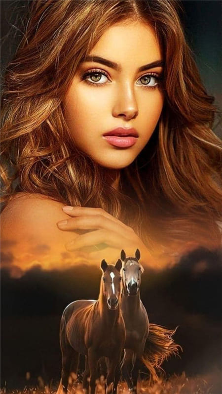 Hình ảnh lồng ghép cô gái với hai chú ngựa tuyệt đẹp