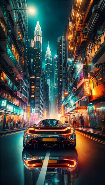 Hình ảnh 3D siêu xe và thành phố đầy màu sắc sặc sỡ đẹp mắt làm hình nền điện thoại
